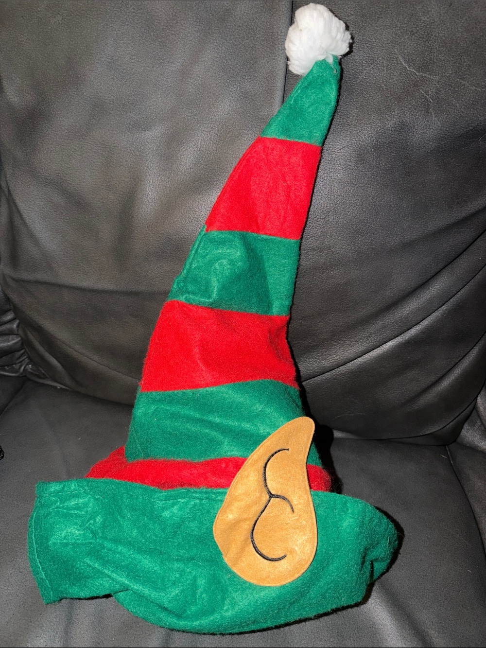Spirit Green and Red Striped Elf Hat with Tan Ear and White Pom